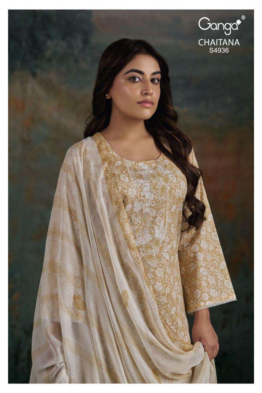GANGA FASHION CHAITANA 4936 COTTON FACNY EMBROIDERED DESIGNER SUIT WHOLESALER 2026
