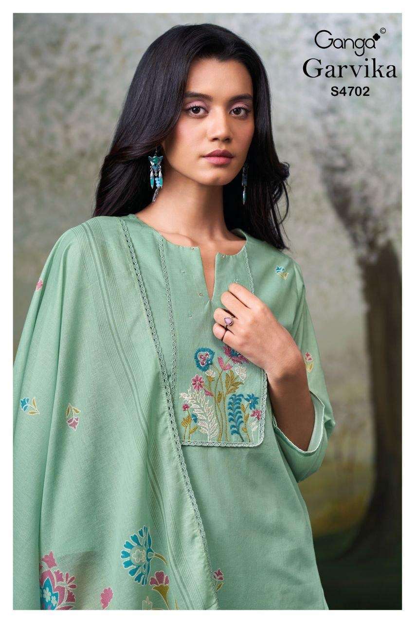 GANGA FASHION GARVIKA 4702 COTTON PRINT FANCY EMBROIDERED SUIT WHOLESALER BEST RATE 