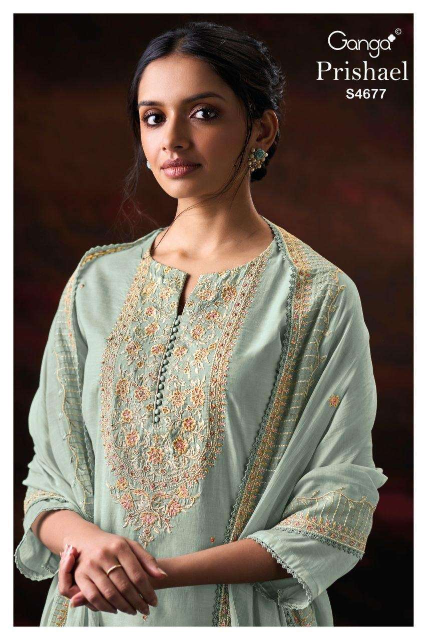 GANGA FASHION PRISHAEL 4677 BEMBERG MAL CHANDERI SUIT WHOLESALER BEST RATE 2026