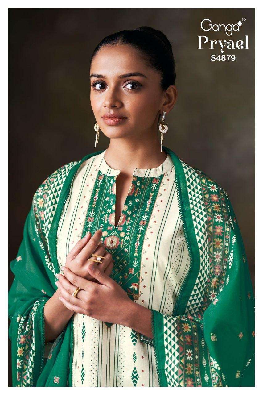 GANGA FASHION PRYAEL 4879 COTTON PRINT EMBROIDERY SUIT WHOLESALER BEST RATE 