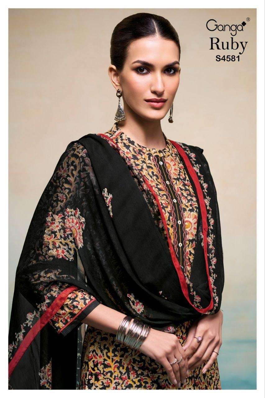 GANGA FASHION RUBY 4581 COTTON PRINT EMBROIDERY SUIT WHOLESALER BEST RATE