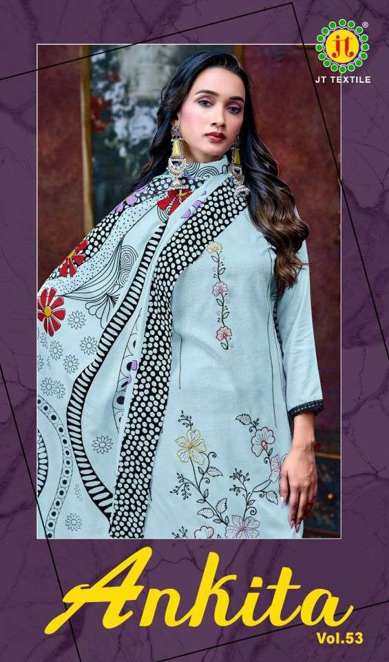 JT TEXTILE ANKITA VOL 53 RAYON PRINT EMBROIDERY SUIT WHOLESALER BEST RATE 