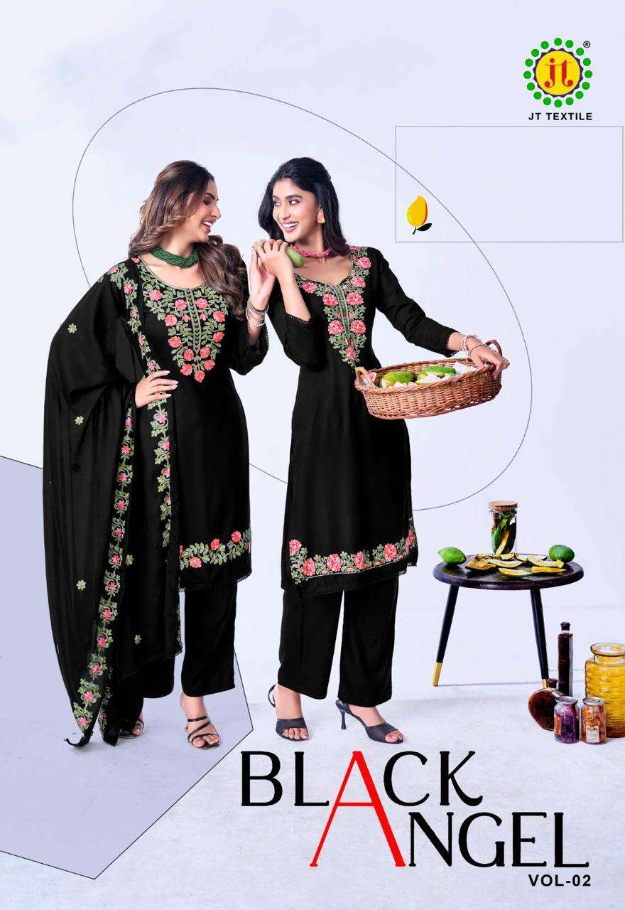 JT TEXTILE BLACK ANGEL VOL 2 RAYON EMBROIDERED SALWER KAMEEZ SUIT WHOLESALER 
