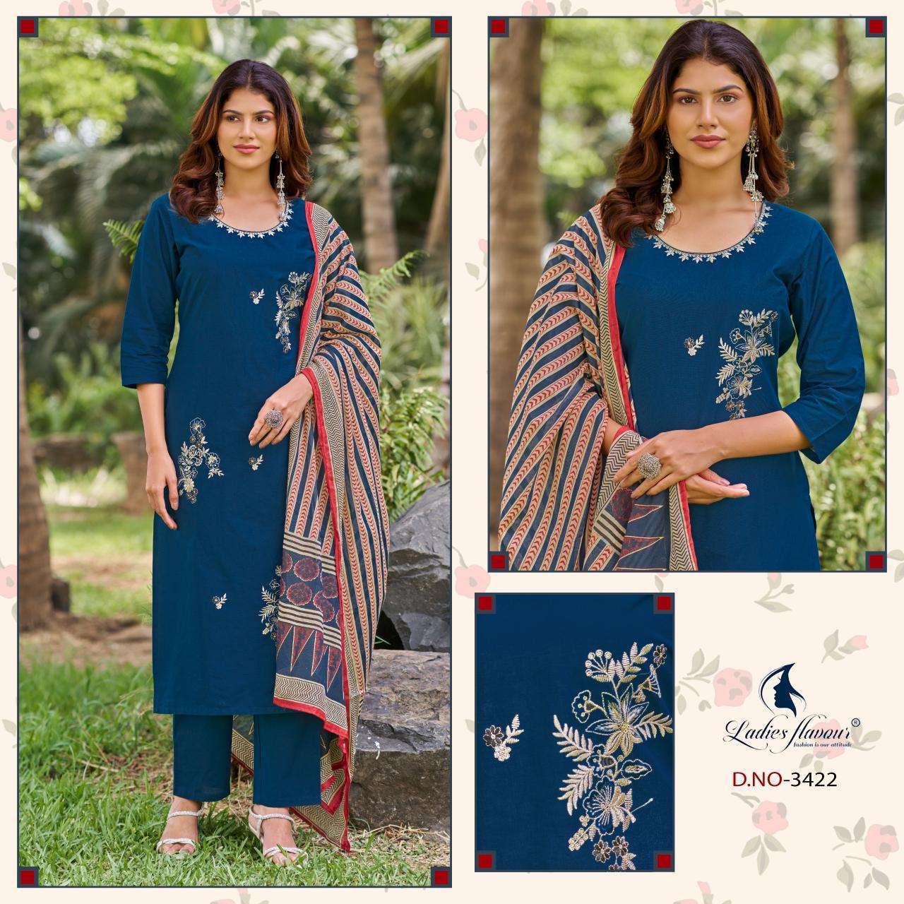LADIES FLAVOUR 3420 TO 3423 COTTON EMBROIDERY READYMADE 3 PIECE SET WHOLESALER 