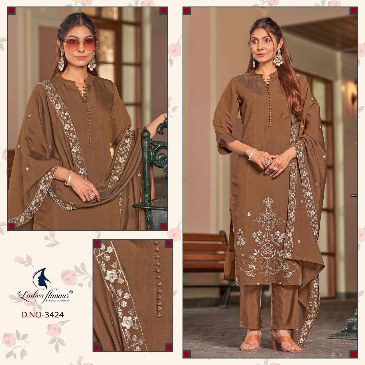 LADIES FLAVOUR 3424 TO 3426 CHANDERI EMBROIDERED READYMADE SALWER KAMEEZ BEST RATE 