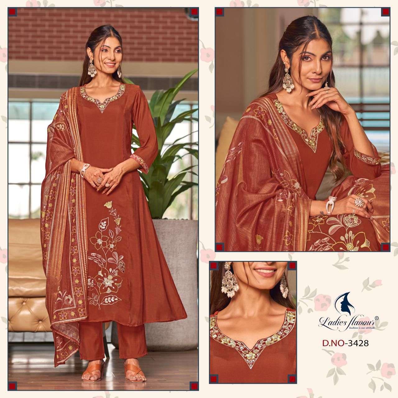 LADIES FLAVOUR 3427 TO 3429 CHANDERI WITH FANCY EMBROIDERY WORK READYMADE SALWER KAMEEZ BEST RATE 