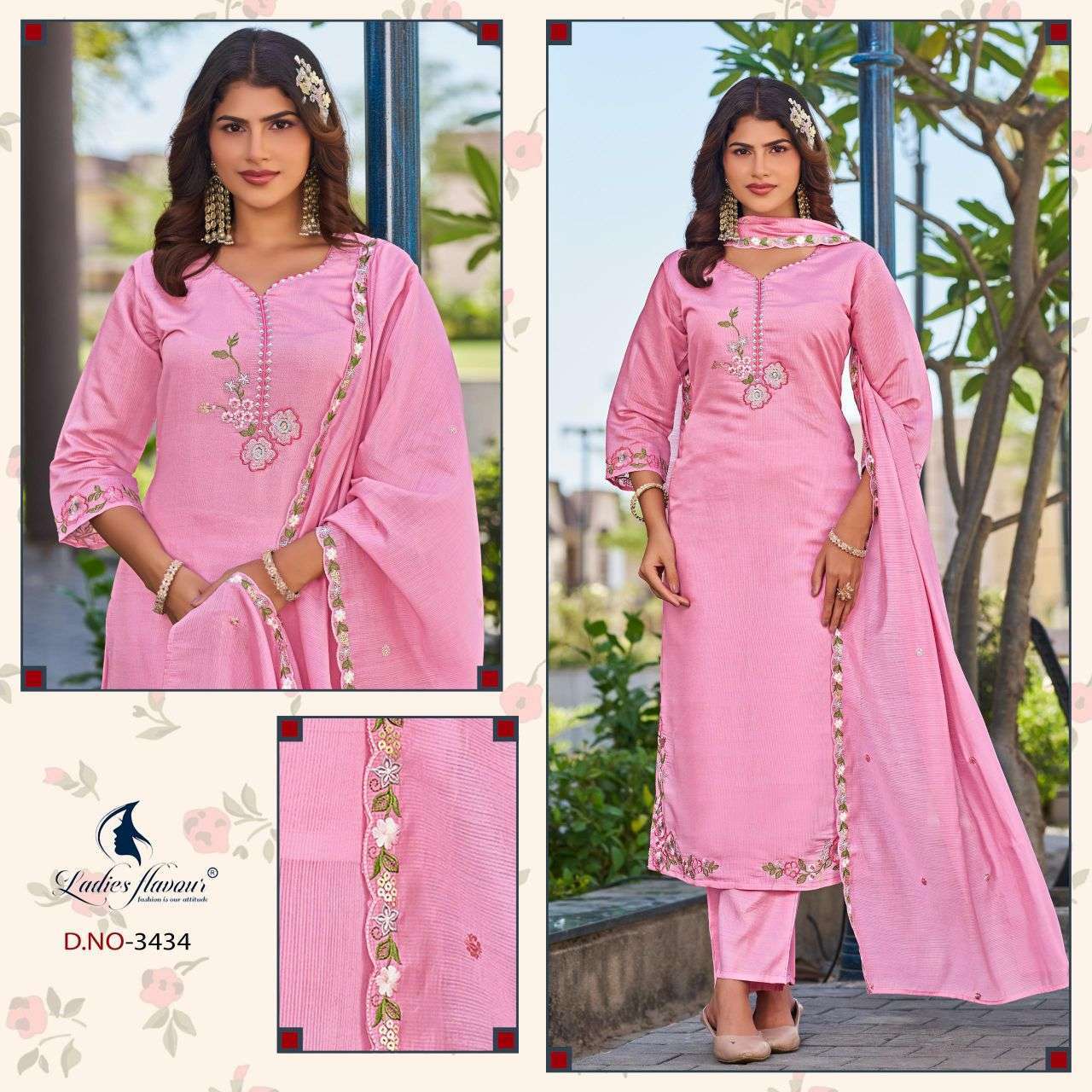 LADIES FLAVOUR 3432 TO 3434 CHANDERI EMBROIDERED 3 PCS WHOLESALER 