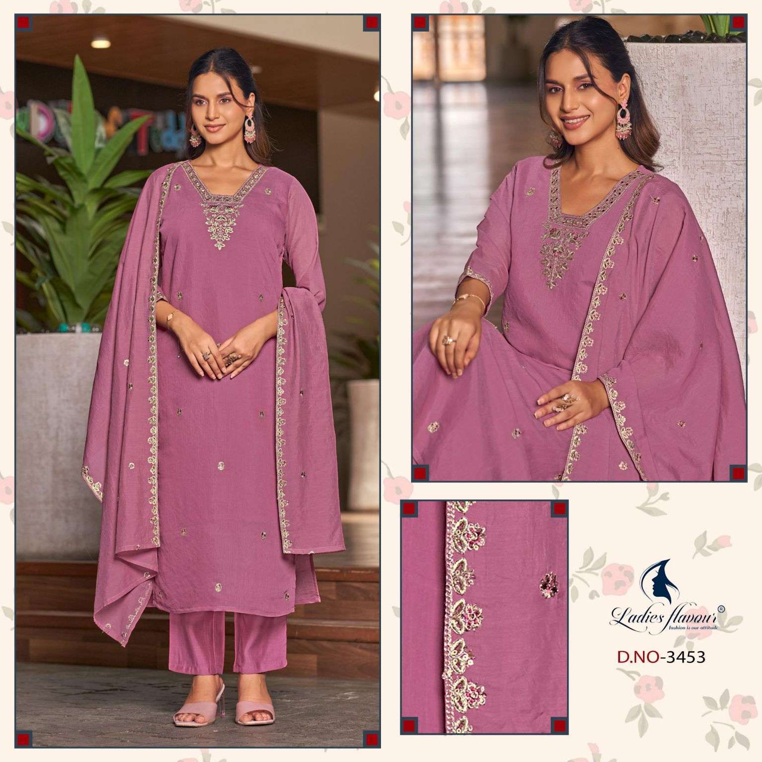 LADIES FLAVOUR 3451 TO 3453 MAL CHANDERI READYMADE SUIT WHOLESALER BEST RATE 