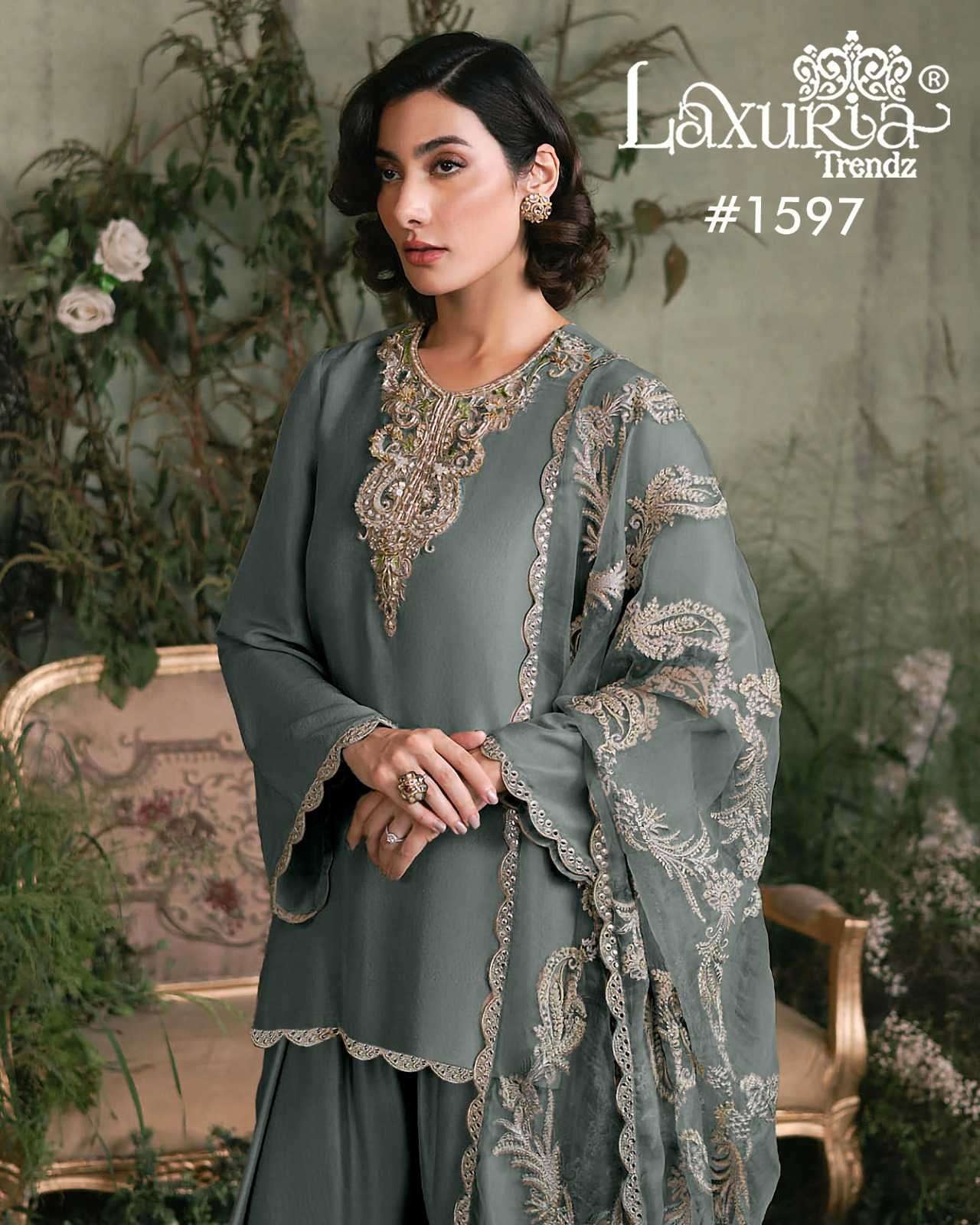 LAXURIA TRENDZ 1597 SATIN FANCY WORK READYMADE PAKISTANI SUIT WHOLESALER 