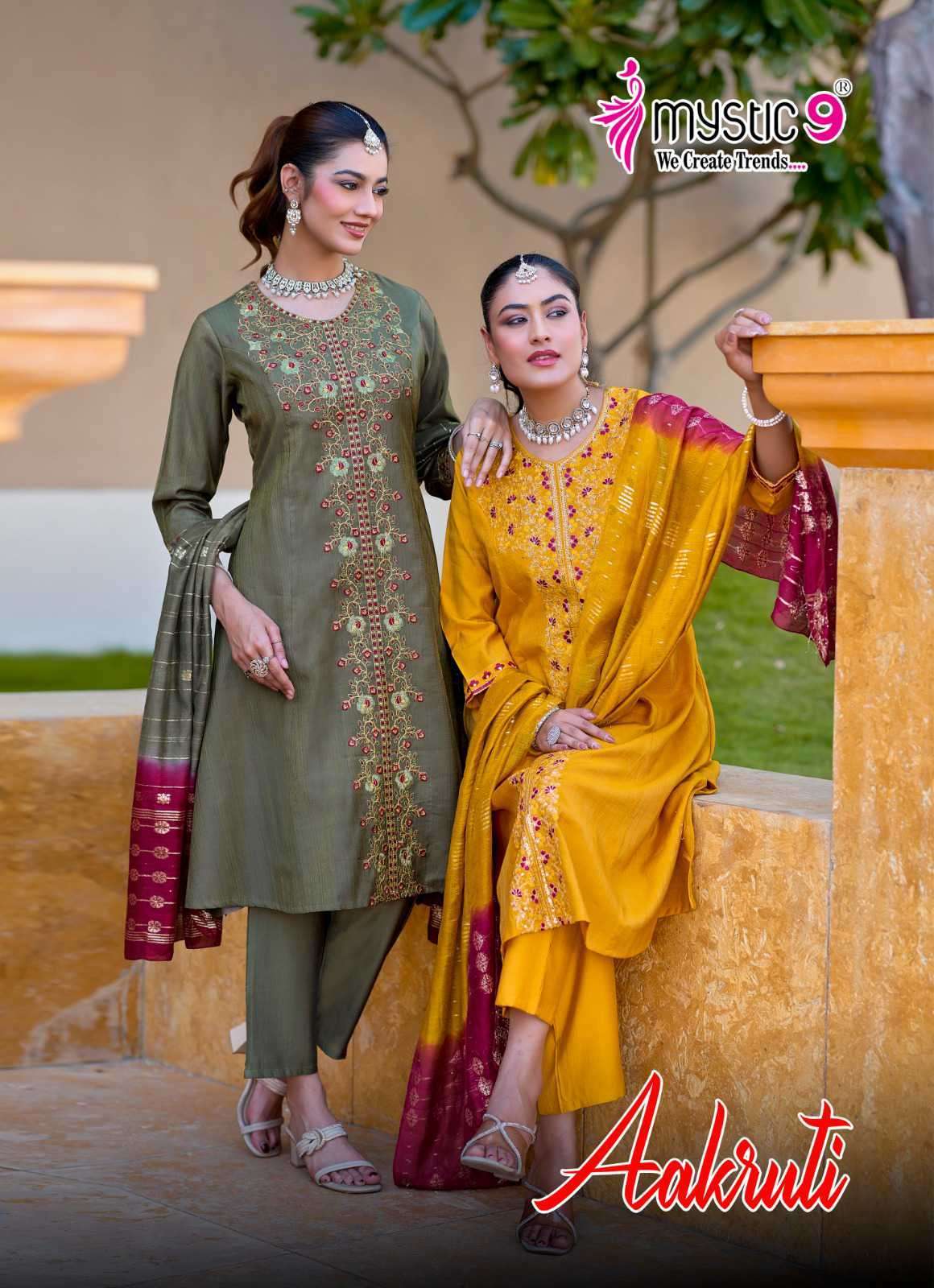 MYSTIC 9 AAKRUTI VOL 1 VERTICAN SHIMMER FANCY WORK READYMADE SUIT WHOLESALER 2026