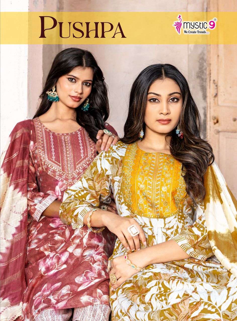 MYSTIC 9 PUSHPA VOL 13 RAYON FOIL PRINTED READYMADE SUIT WHOLESALER BEST RATE DEALER 