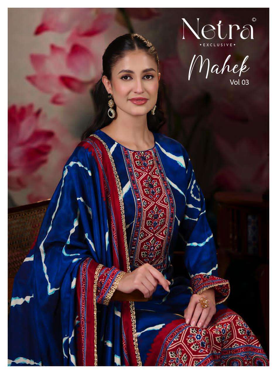 NETRA MAHEK VOL 3 FANCY MUSLIN LADIES SUIT WHOLESALER BEST RATE DEALER 