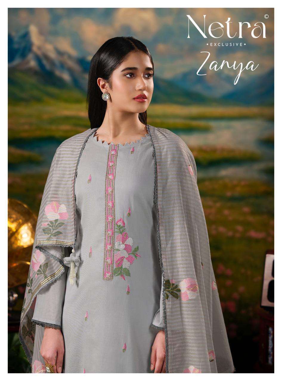 NETRA ZAYNA PURE BANARASI MULL CHANDERI DESIGNER SUIT COLLECTION BEST RATE DEALER 