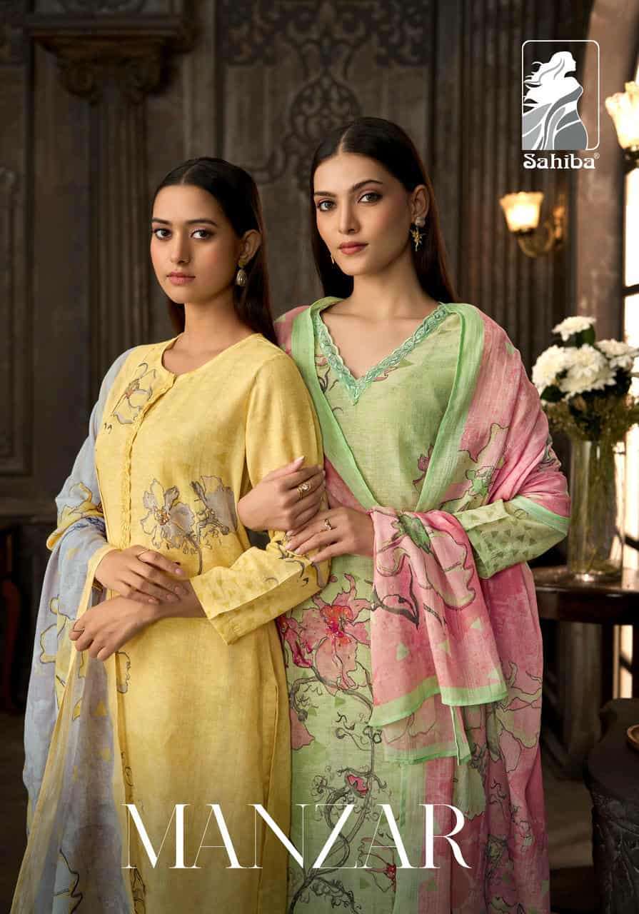 SAHIBA MANZAR PURE COTTON LINEN PRINT HAND WORK SALWER KAMEEZ BEST RATE 