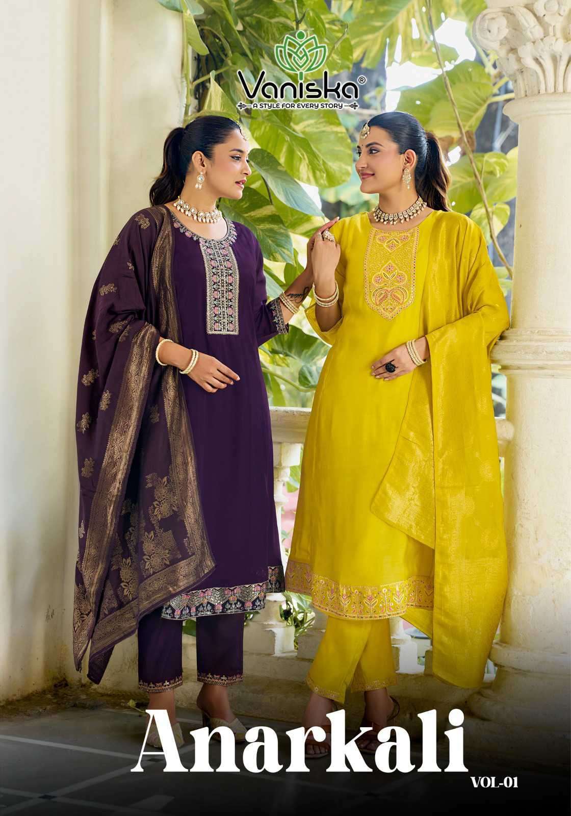 VANISKA ANARKALI VOL 1 MAL CHANDERI FANCY WORK READYMADE SALWER KAMEEZ BEST RATE 
