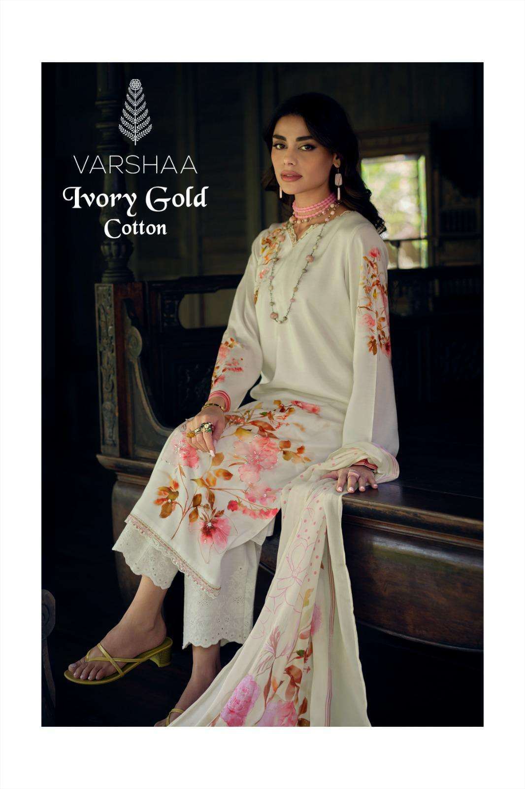 VARSHA FASHION IVORY GOLD COTTON PRINTED SUIT WHOLESALER 