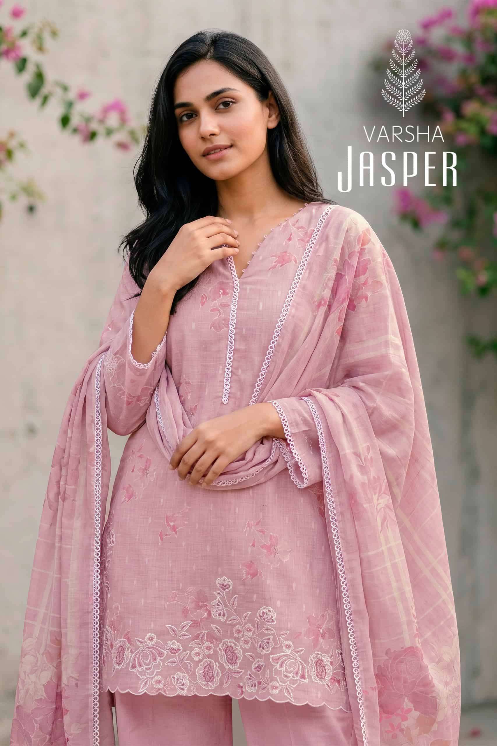 VARSHA FASHION JASPER COTTON LINEN PRINT EMBROIDERY SUIT WHOLESALER BEST RATE 