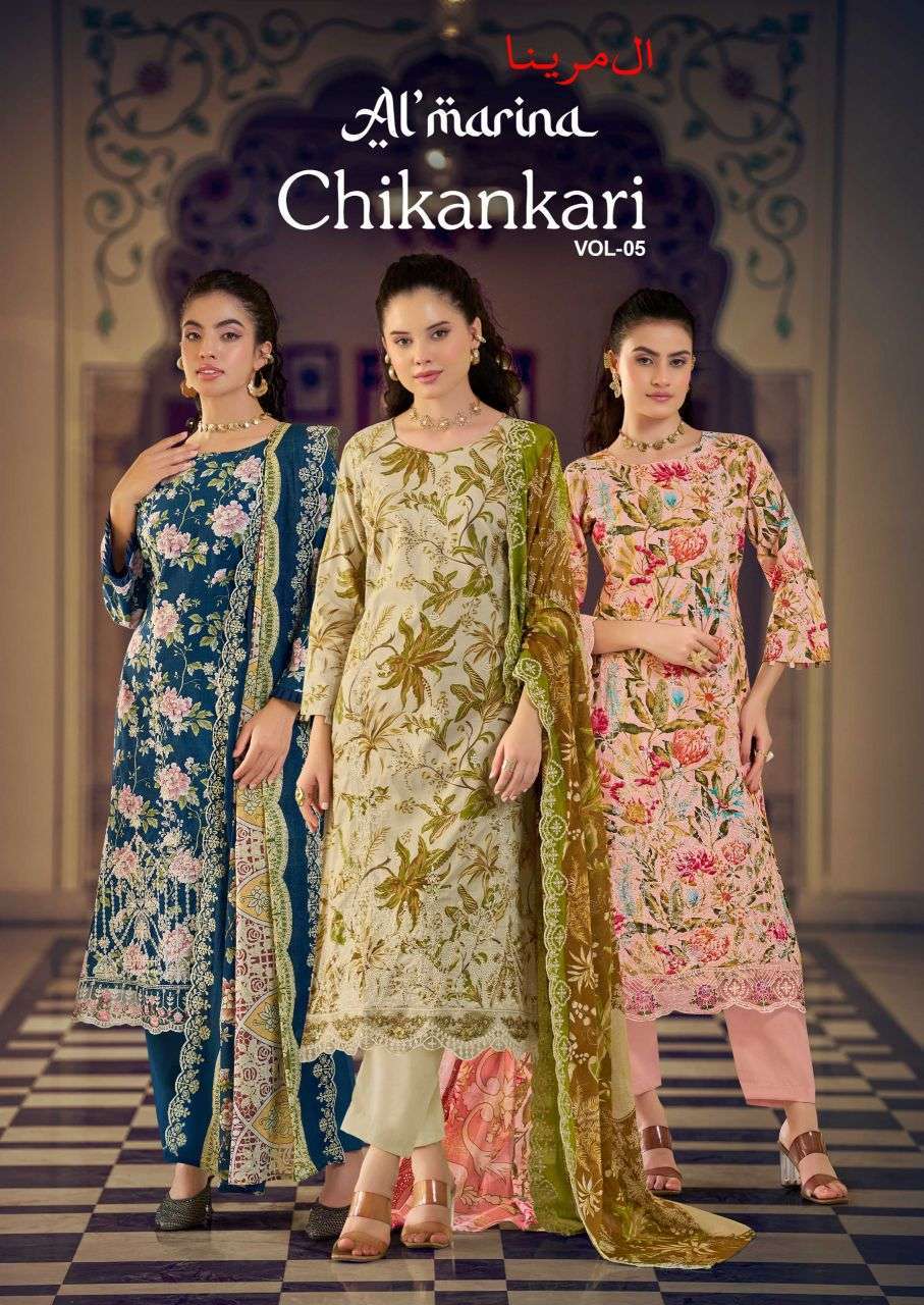 AL MARINA CHIKANKARI VOL 5 PURE COTTON SUIT WHOLESALER BEST RATE 
