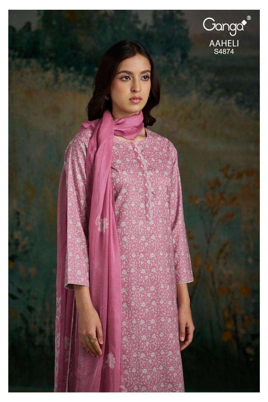 GANGA FASHION AAHELI 4874 COTTON PRINTED EMBROIDERY SUIT WHOLESALER BEST RATE 2026