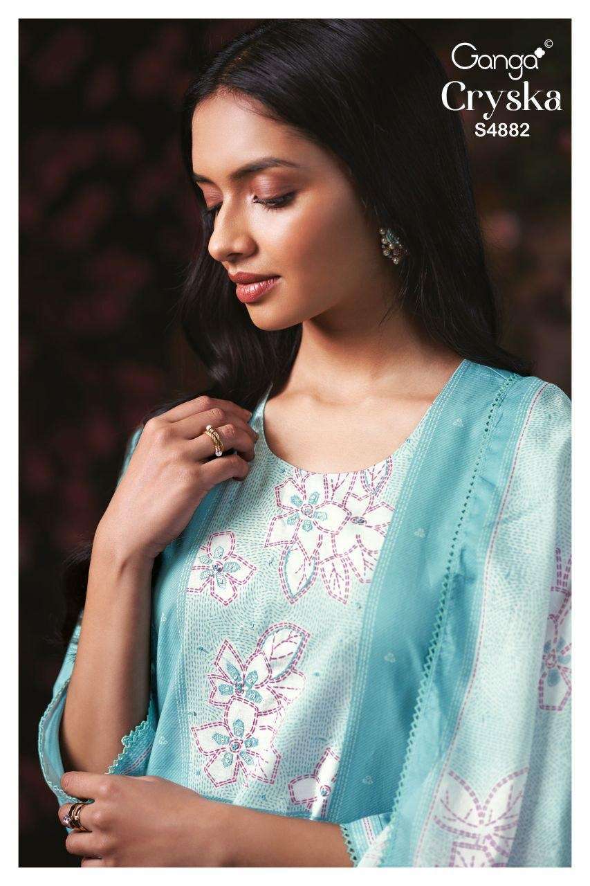 GANGA FASHION CRYSKA 4882 COLORS COTTON PRINT HAND EMBROIDERY SUIT WHOLESALER 