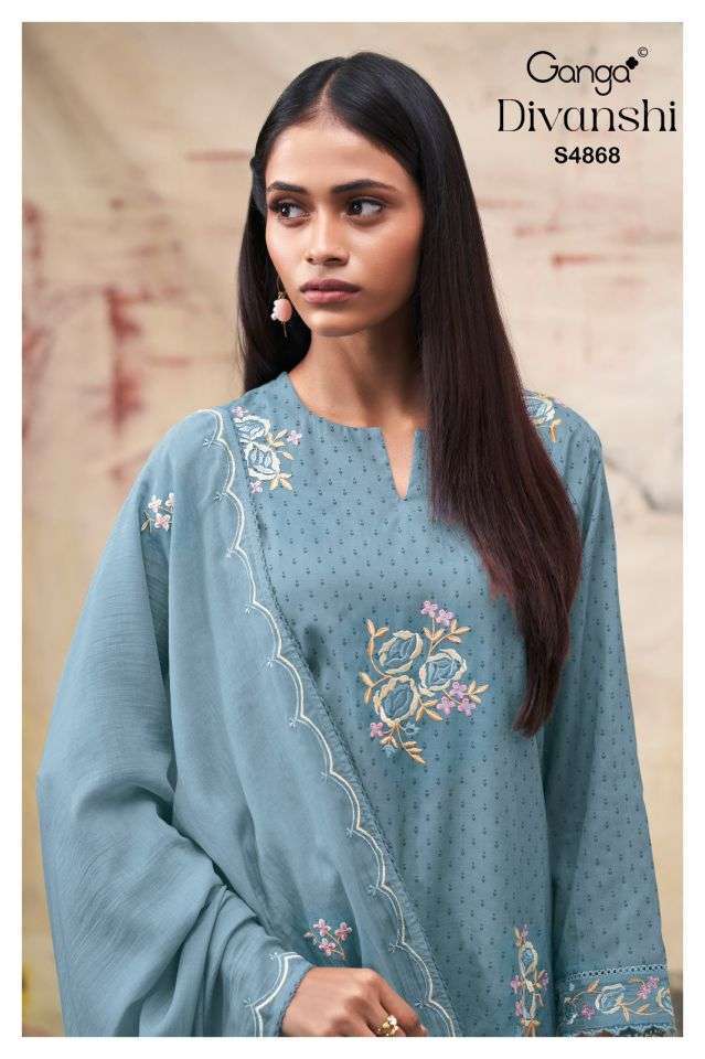 GANGA FASHION DIVANSHI 4868 BEMBERG MAL PRINT EMBROIDERED SUIT WHOLESALER 