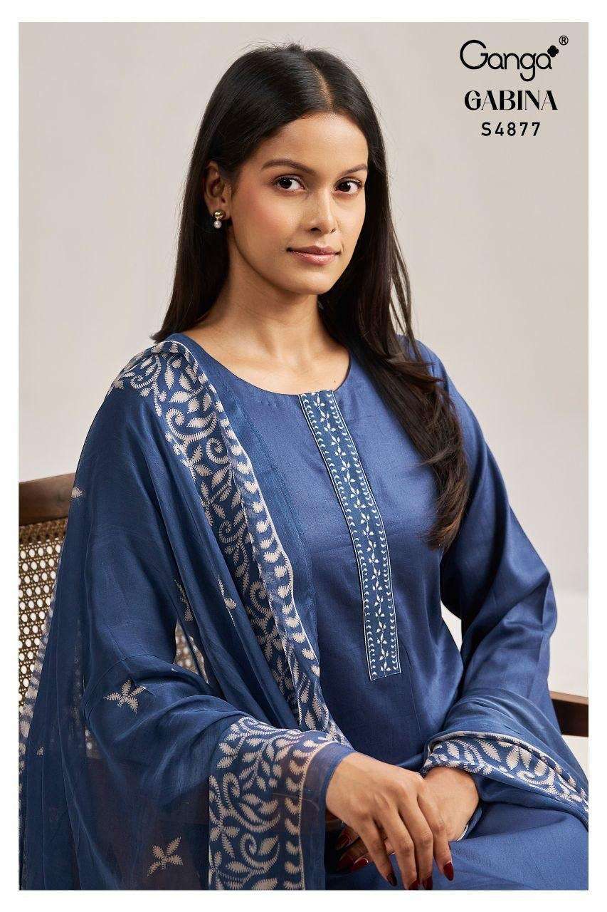 GANGA FASHION GABINA 4877 COLORS COTTON SATIN FANCY WORK SUIT WHOLESALER BEST RATE 2026