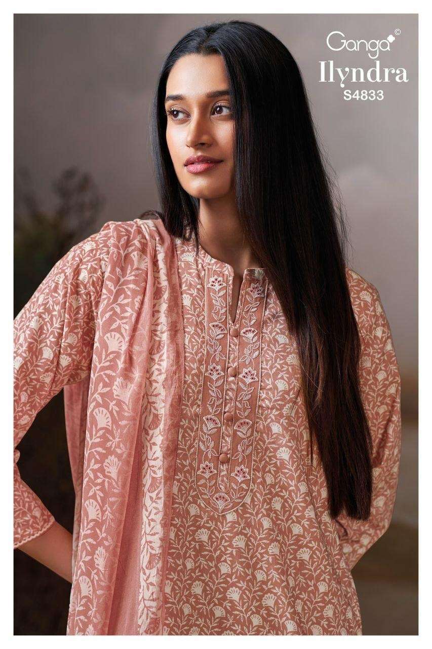 GANGA FASHION ILYNDRA 4833 COLORS COTTON PRINTED EMBROIDERY SUIT WHOLESALER BEST RATE 