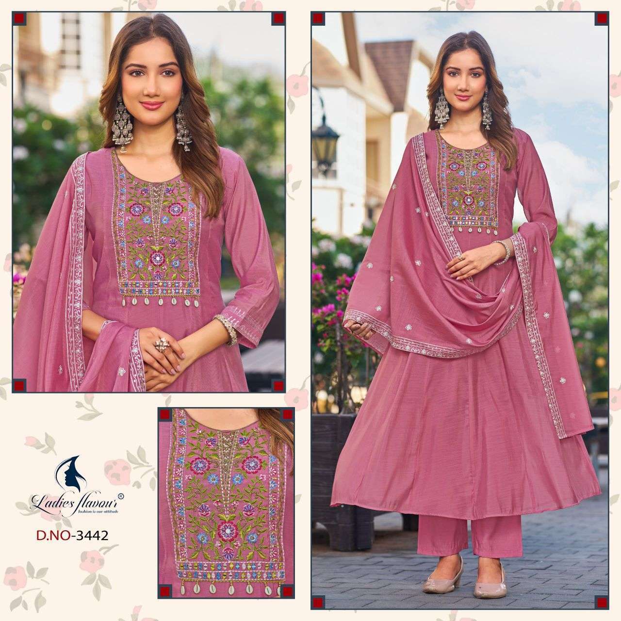 LADIES FLAVOUR DESIGN NO 3441 TO 3443 MULL CHANDERI FANCY EMBROIDERED SALWER KAMEEZ BEST RATE 2026
