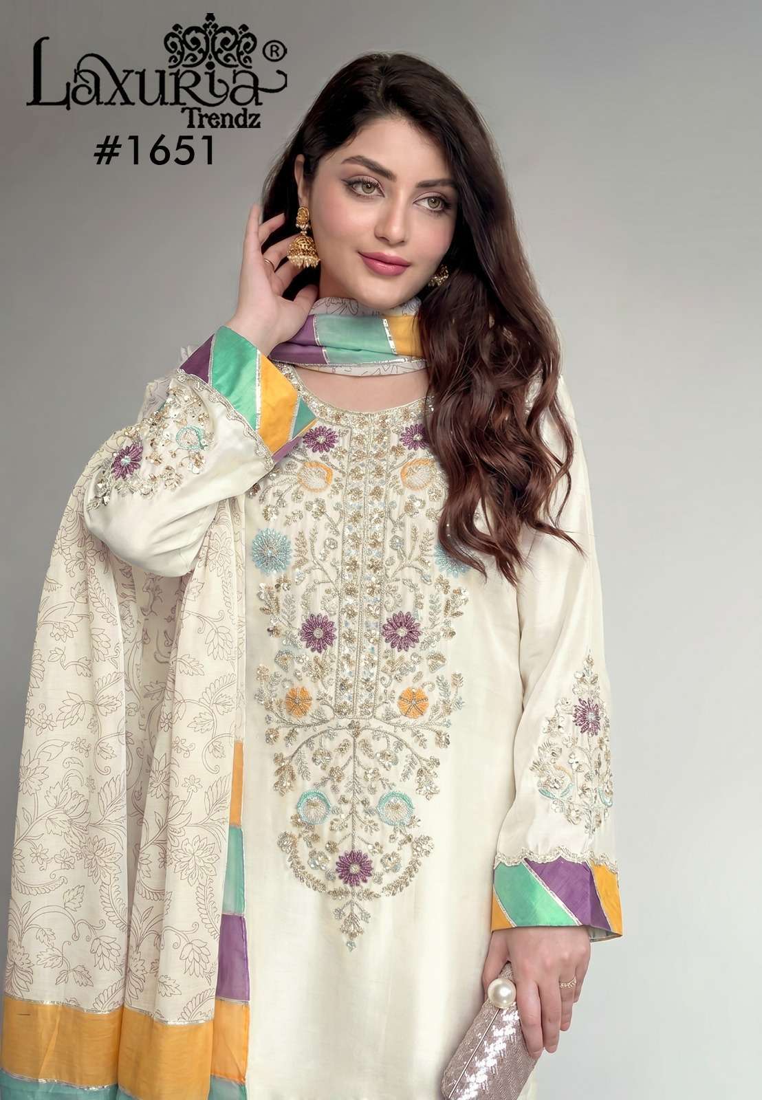 LAXURIA TRENDZ 1651 SATIN WITH FANCY WORK DESIGNER READYMADE 3 PIECE SET WHOLESALER 