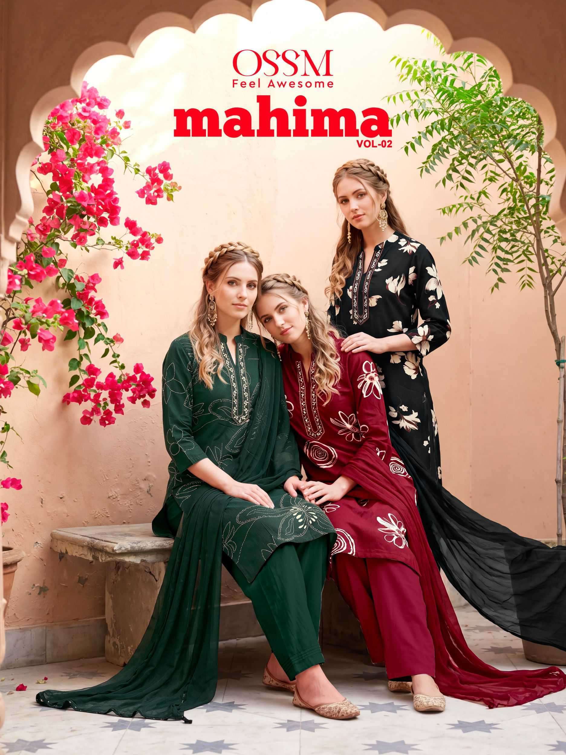 OSSM MAHIMA VOL 2 RAYON PRINT EMBROIDERY READYMADE 3 PIECE SET WHOLESALER BEST RATE 2026