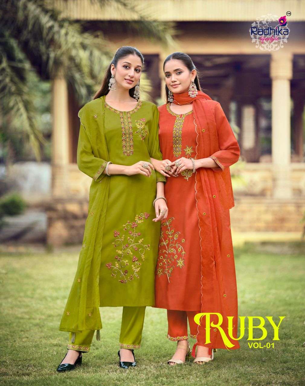 RADHIKA LIFESTYLE RUBY VOL 1 ROMAN WITH FANCY WORK READYMADE 3 PIECE SET WHOLESALE 
