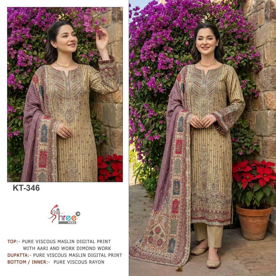 SHREE FAB KT 346 COLORS VISCOSE MUSLIN LADIES SUIT WHOLESALER BEST RATE 