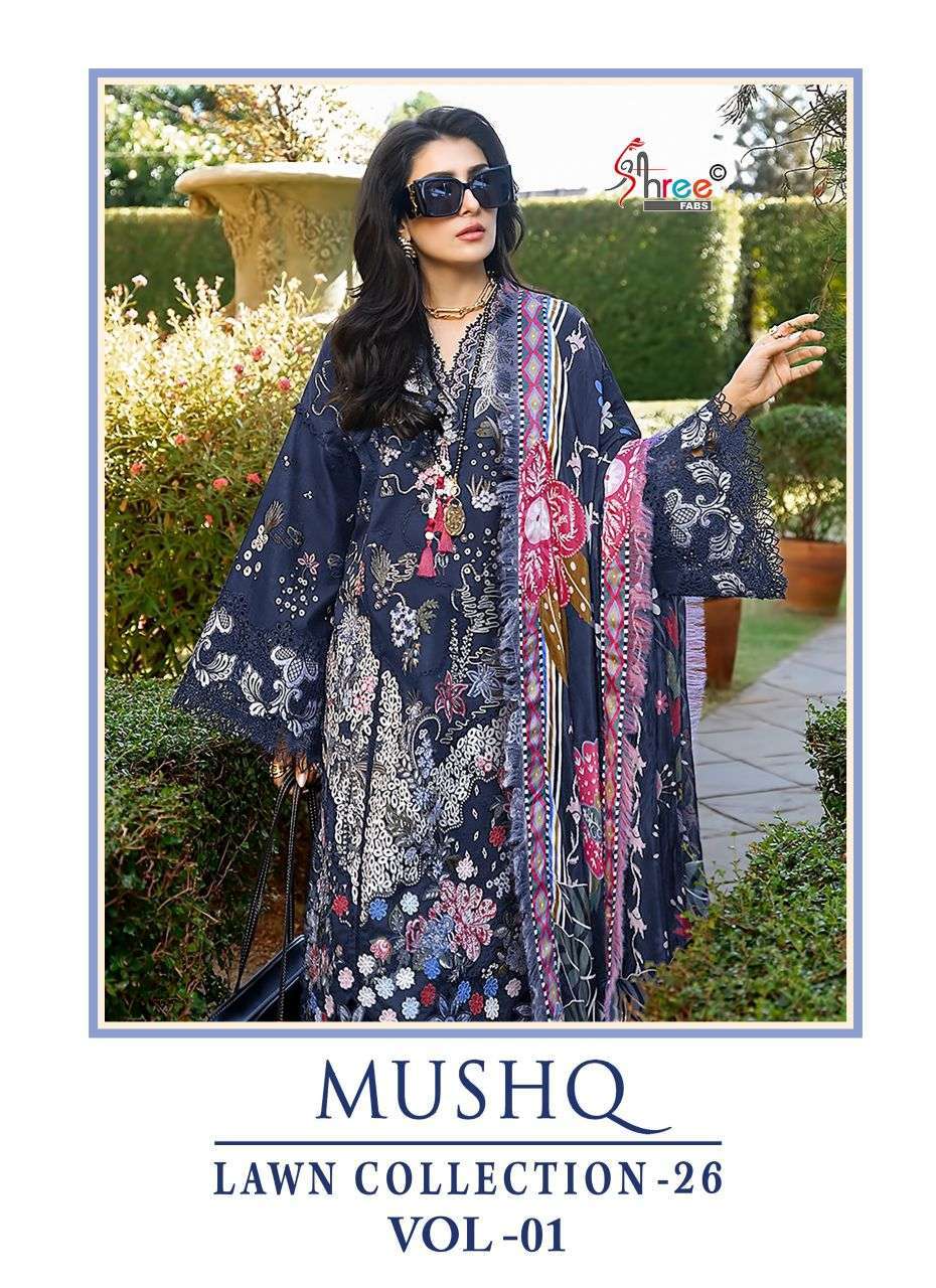SHREE FAB MUSHQ LAWN COLLECTION 26 VOL 1 PURE COTTON SELF EMBROIDERY SUIT WHOLESALER BEST RATE 