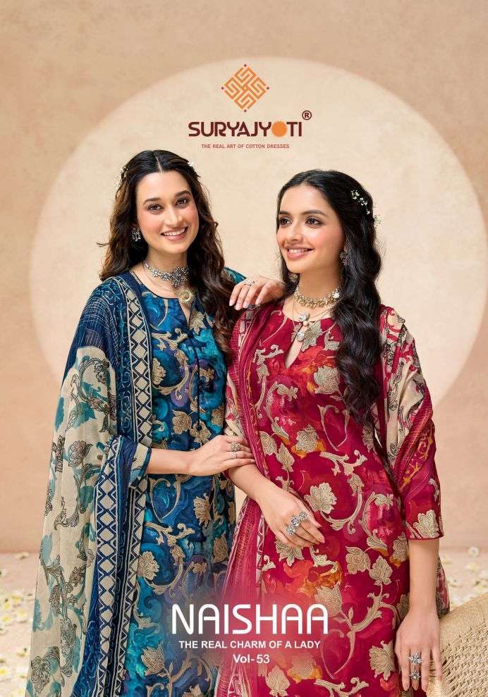 SURYAJYOTI NAISHAA VOL 53 JAAM SATIN PRINTED SUIT WHOLESALER 