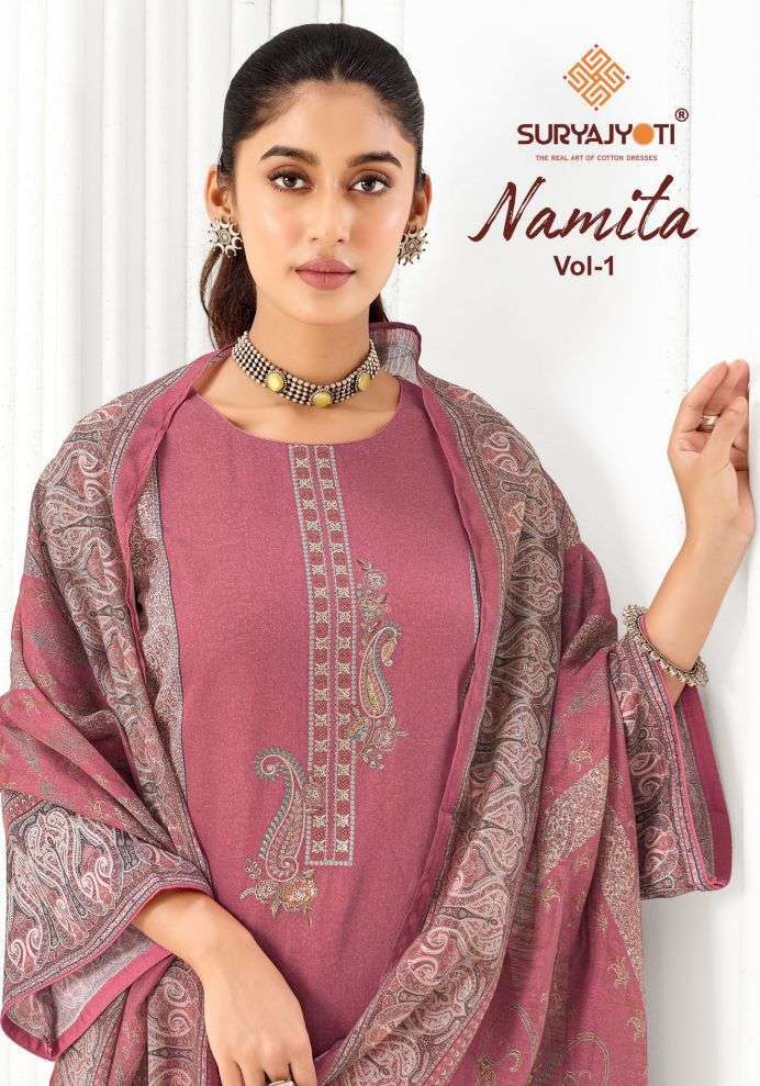 SURYAJYOTI NAMITA VOL 1 JAM SATIN EMBROIDERY SUIT WHOLESALER 2026