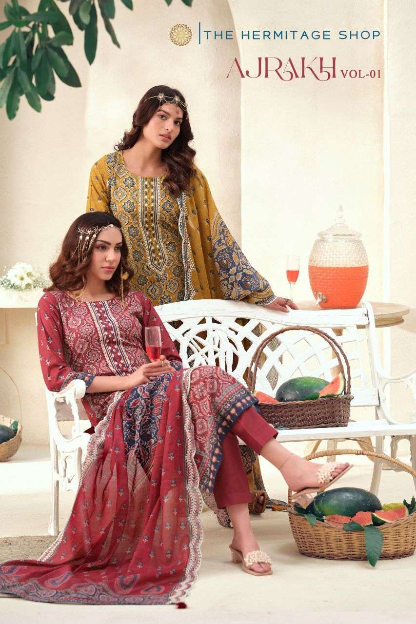 THE HERMITAGE AJRAKH VOL 1 LAWN COTTON PRINT FANCY EMBROIDERY SUIT WHOLESALER 