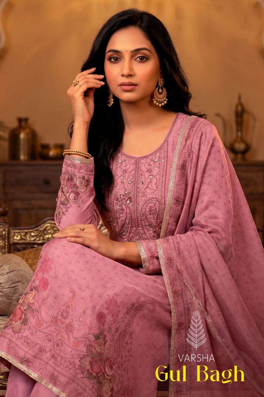VARSHA FASHION GUL BAGH VISCOSE SIMMER PRINT HANDWORK SUIT WHOLESALER BEST RATE 2026