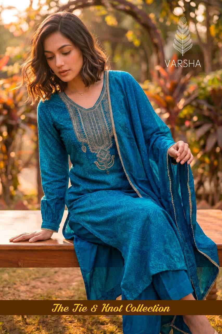 VARSHA FASHION THE TIE AND KNOT COLLECTION VISCOSE MUSLIN DESIGNER SUIT WHOLESALER 