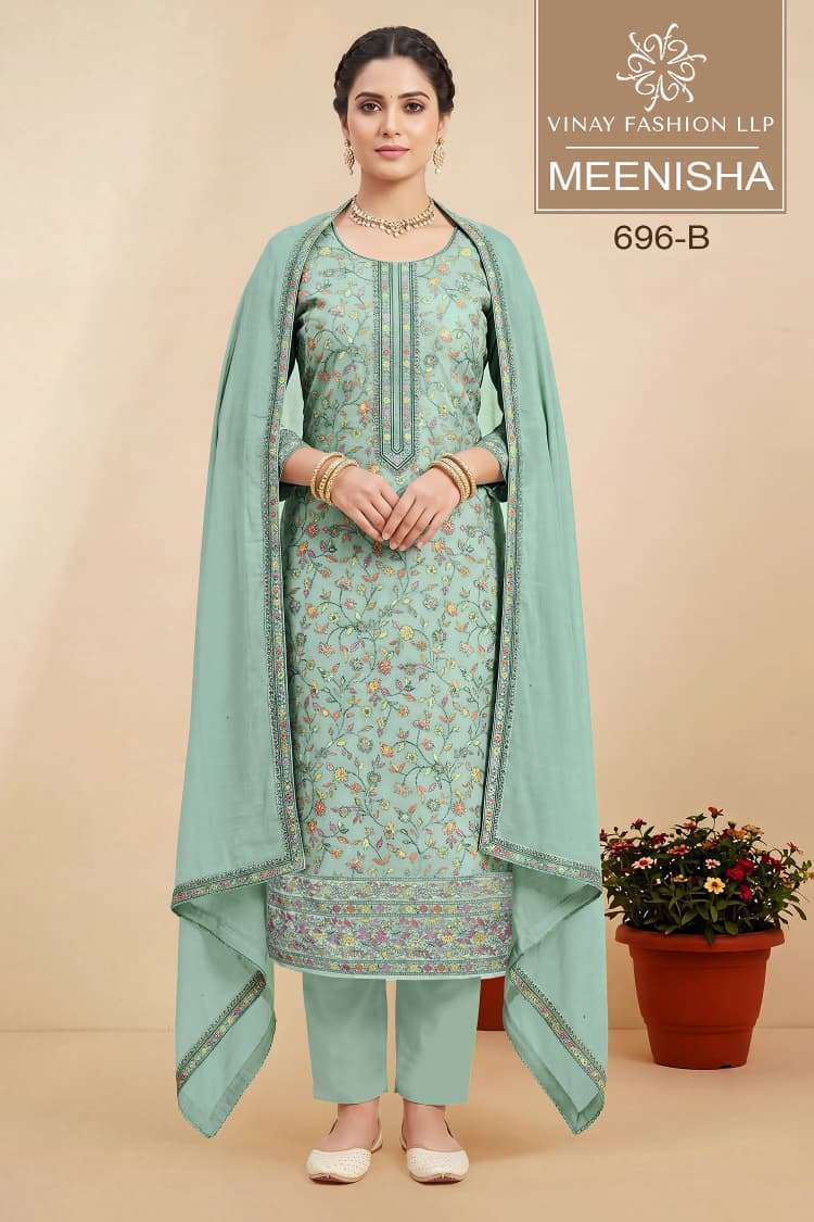 VINAY FASHION MEENISHA VISCOSE MUSLIN JACQUARD FANCY WORK SUIT WHOLESALER BEST RATE 2026
