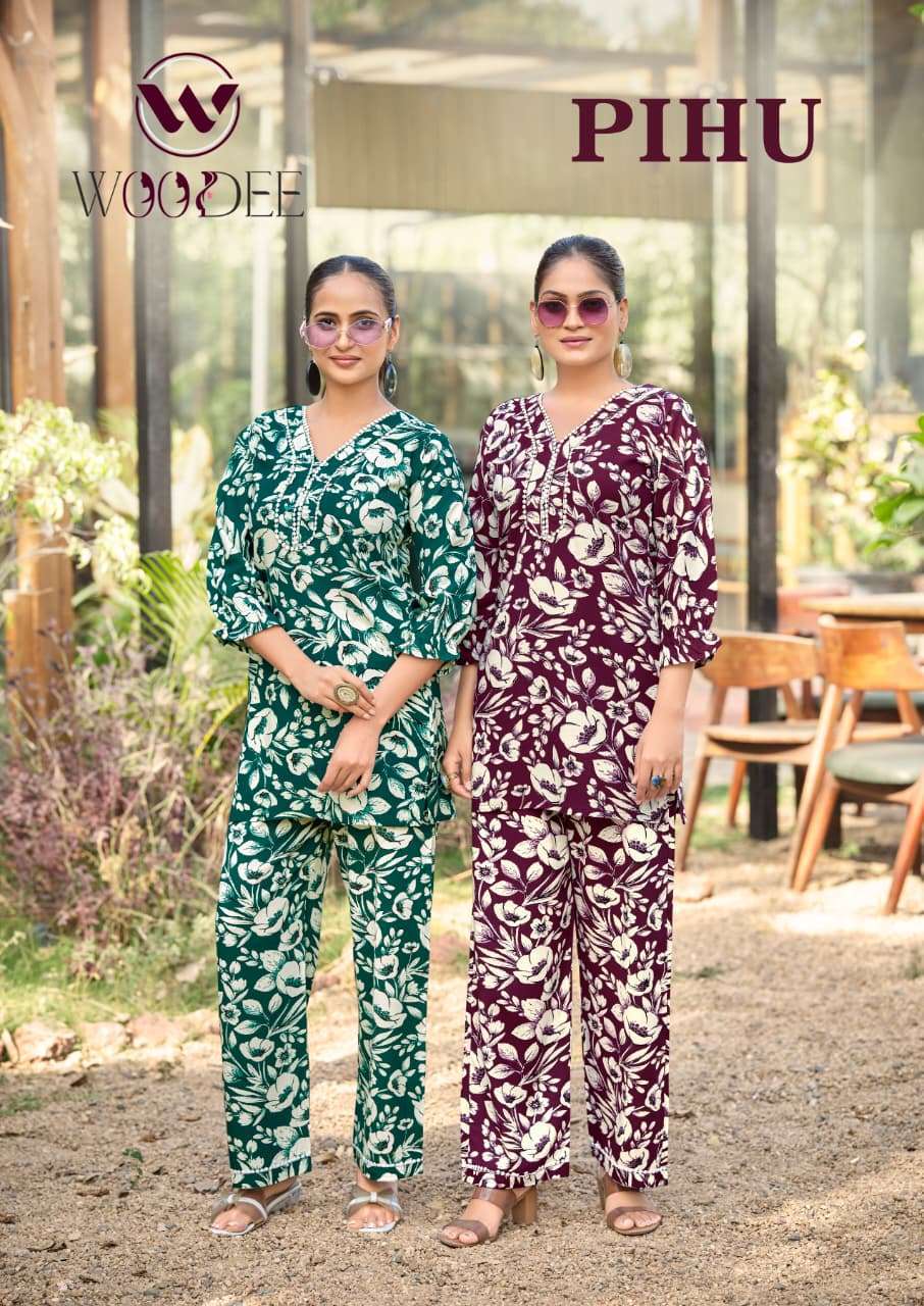 WOODEE PIHU 1001 TO 1006 RAYON PRINTED CORD SET WHOLESALER BEST RATE 