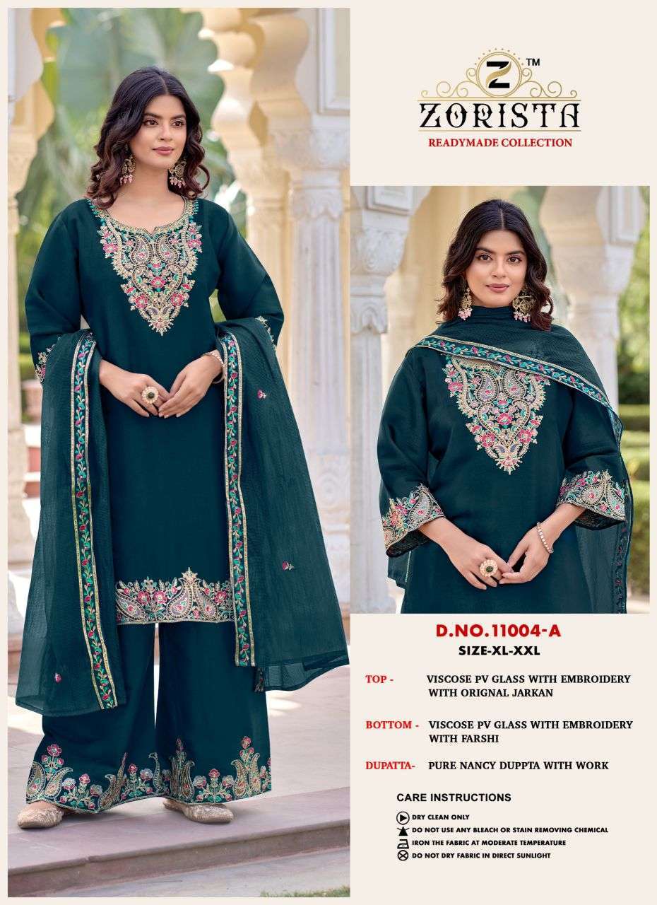 ZORISTA 11004 COLORS GLASS SILK HEAVY EMBROIDERED READYMADE SUIT WHOLESALER 