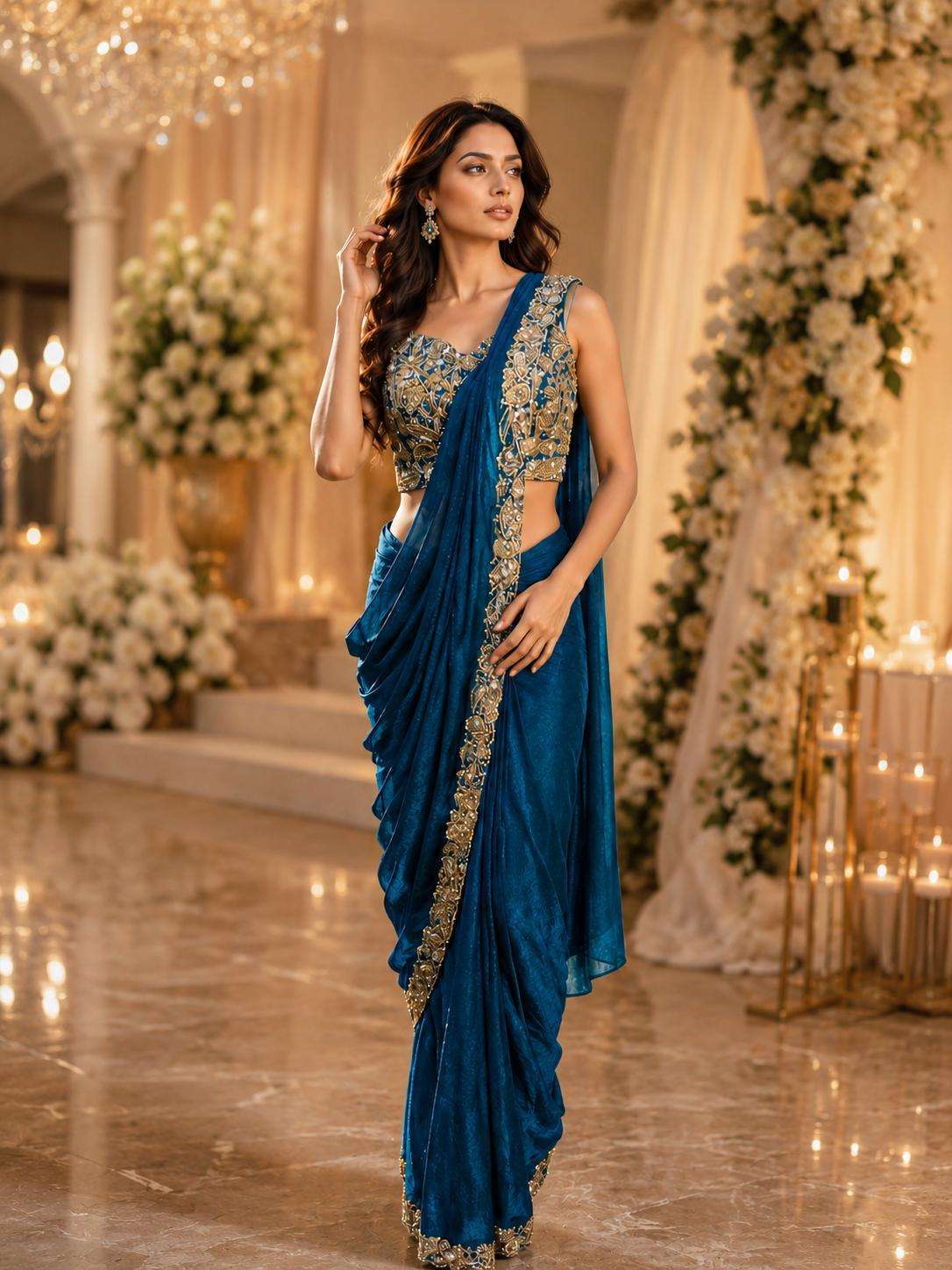 AMOHA A 505 FENDY SATIN HEAVY WORK READYMADE DESIGNER SAREE WHOLESALER 