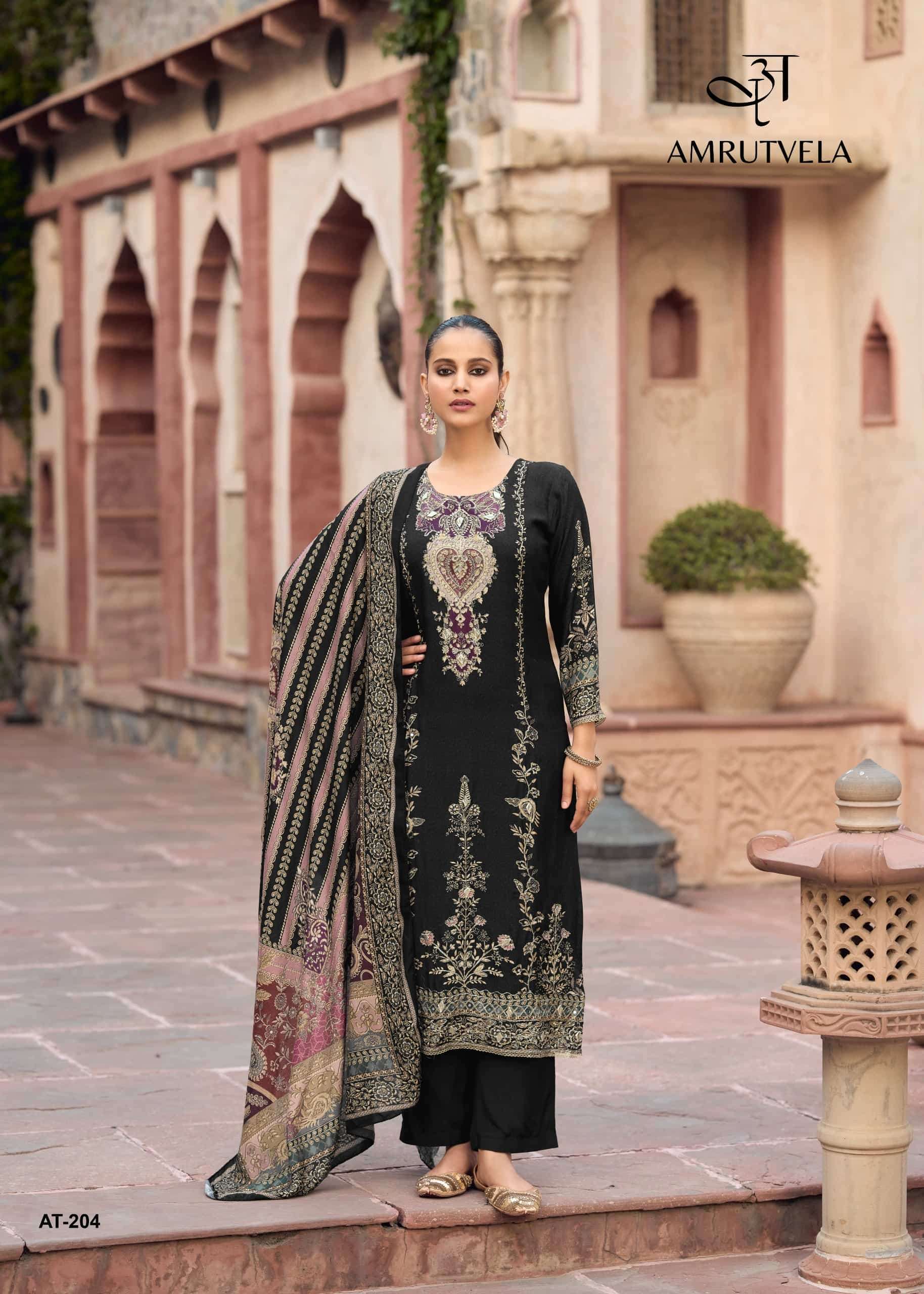 AMRUTVELA AT 204 VISCOSE MUSLIN HAND WORK SUIT WHOLESALER 