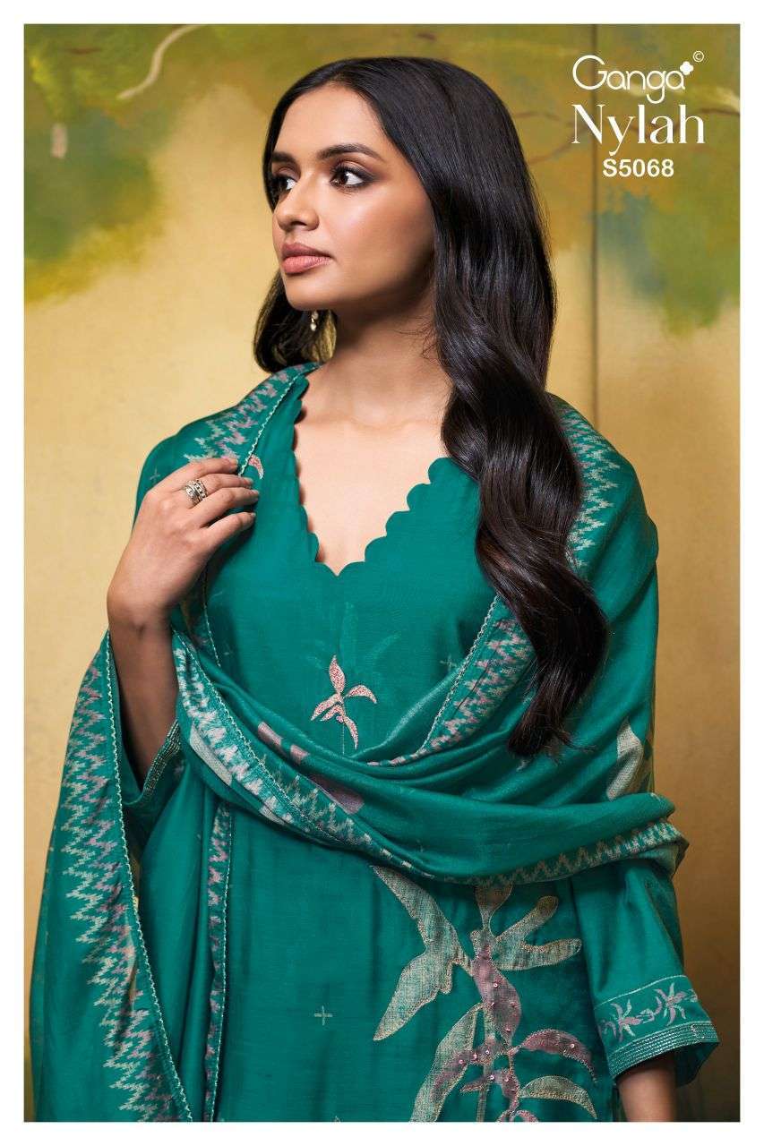 GANGA FASHION NYLAH 5068 BEMBERG SILK PRINTED HAND EMBROIDERY SALWER KAMEEZ BEST RATE 