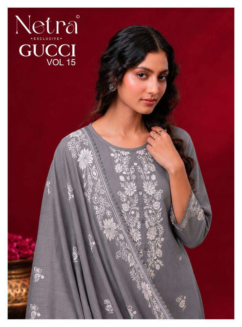 NETRA GUCCI VOL 15 PRINTED COTTON SUIT WHOLESALER BEST RATE 