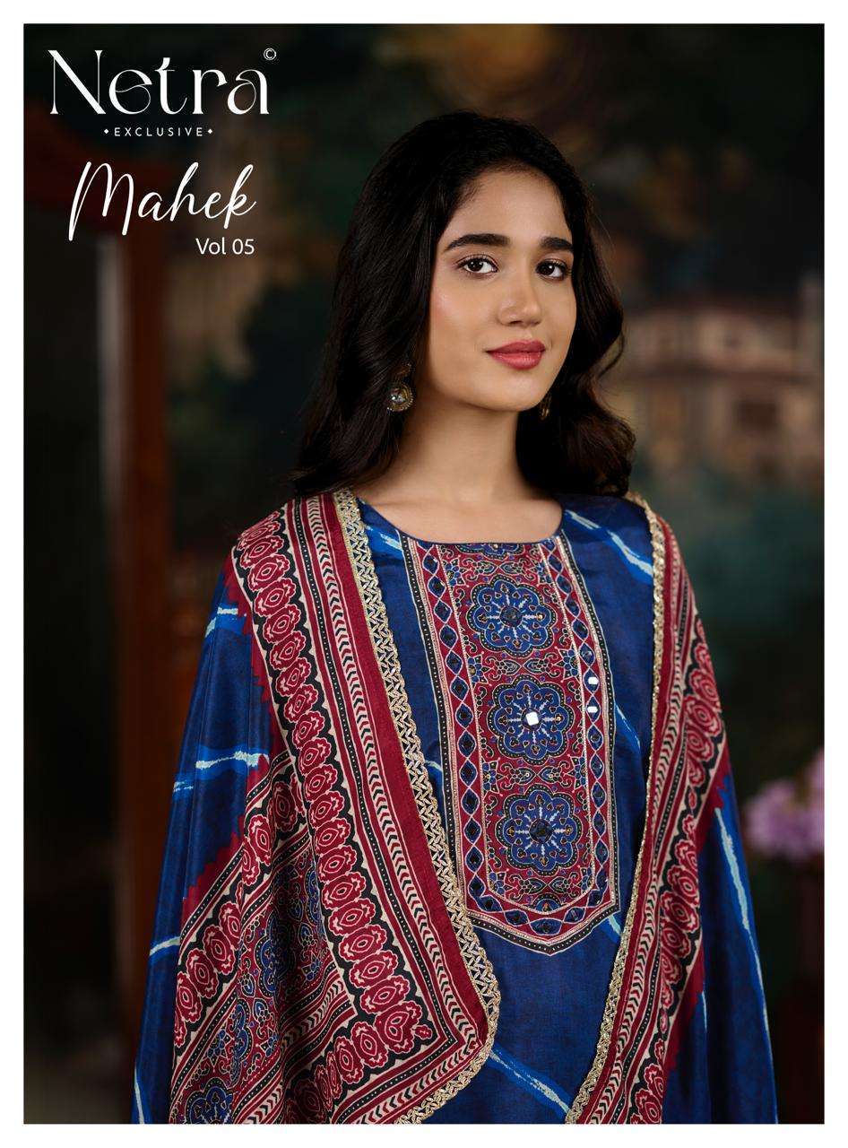 NETRA MAHEK VOL 5 FANCY MUSLIN LADIES SUIT WHOLESALER BEST RATE DEALER 
