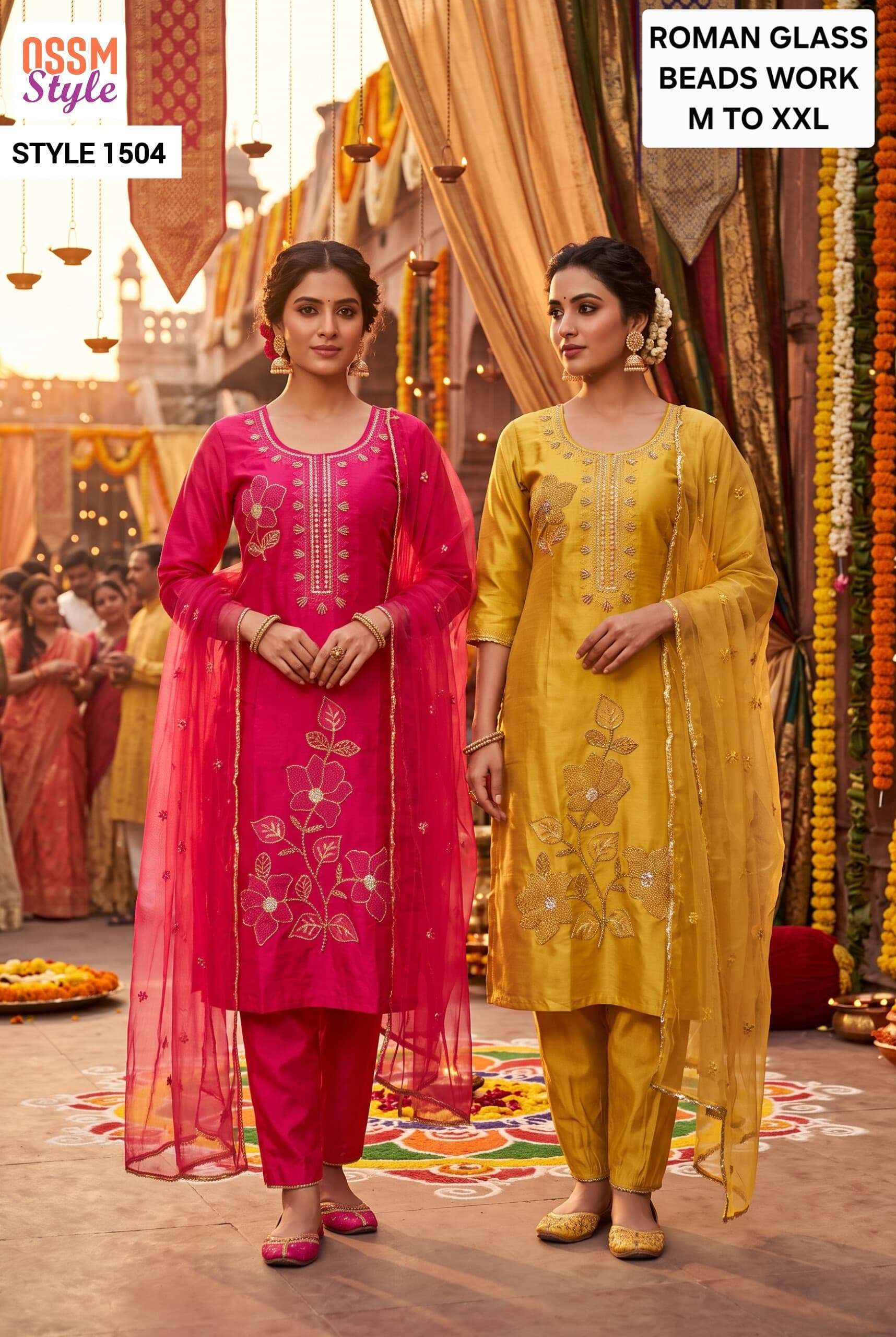 OSSM STYLE 1501 TO 1505 VISCOSE ROMAN GLASS HANDWORK READYMADE 3 PCS SET WHOLESALER BEST RATE 