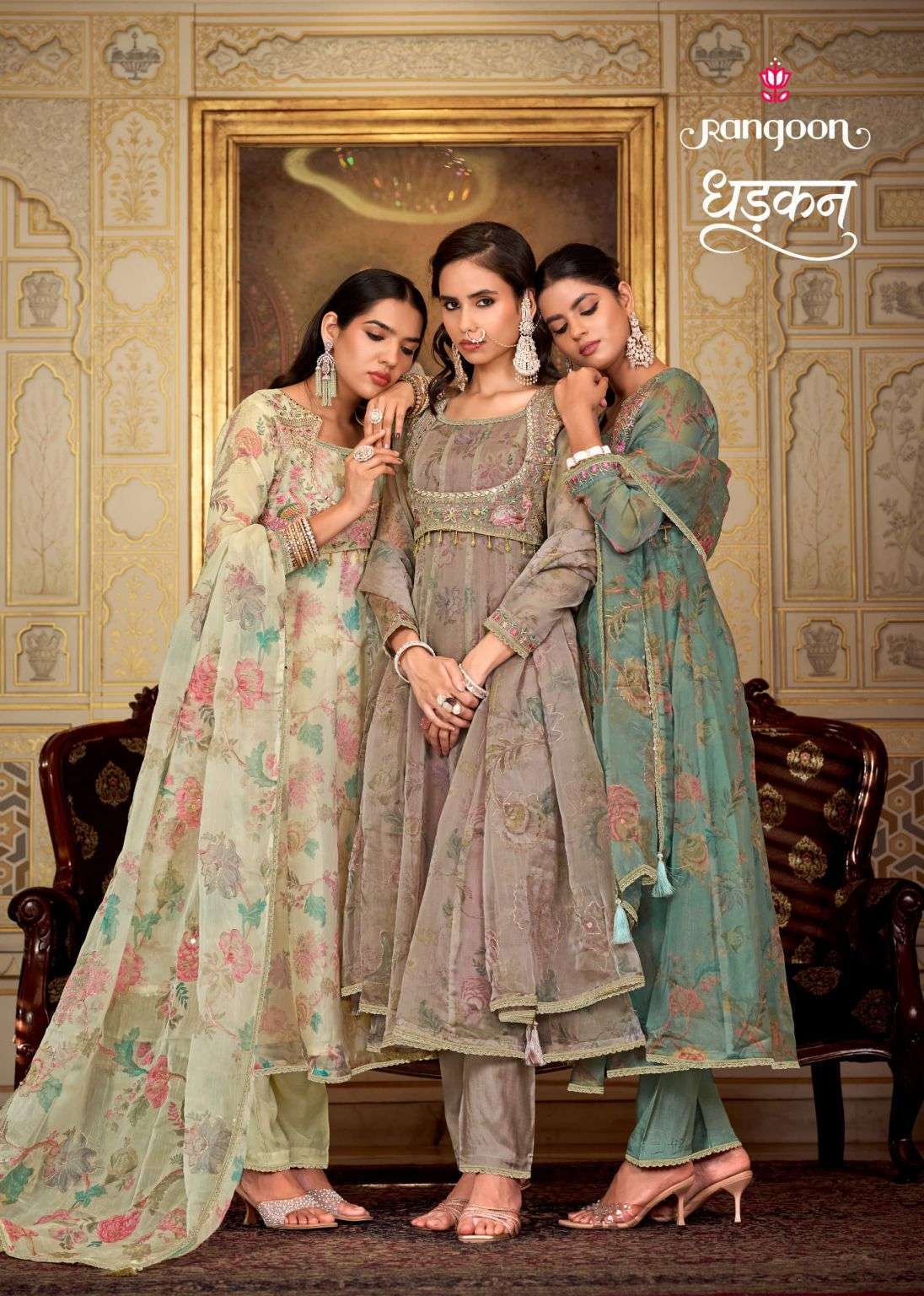 RANGOON DHADKAN VISCOSE FANCY PRINT HEAVY WORK READYMADE 3 PIECE SET WHOLESALER 