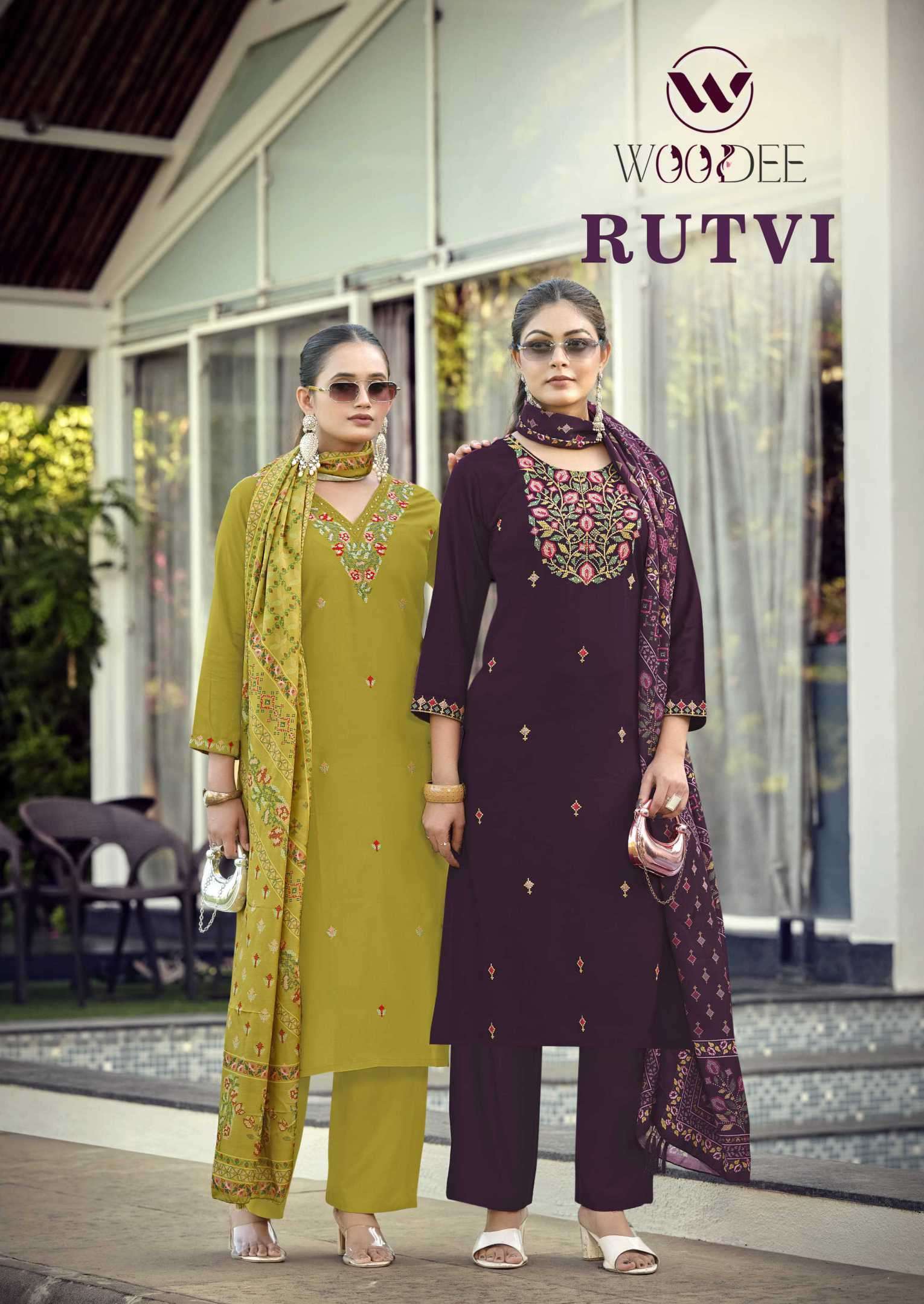 WOODEE RUTAVI LIVA RAYON THREAD WORK DESIGNER 3 PCS READYMADE COLLECTION BEST RATE 