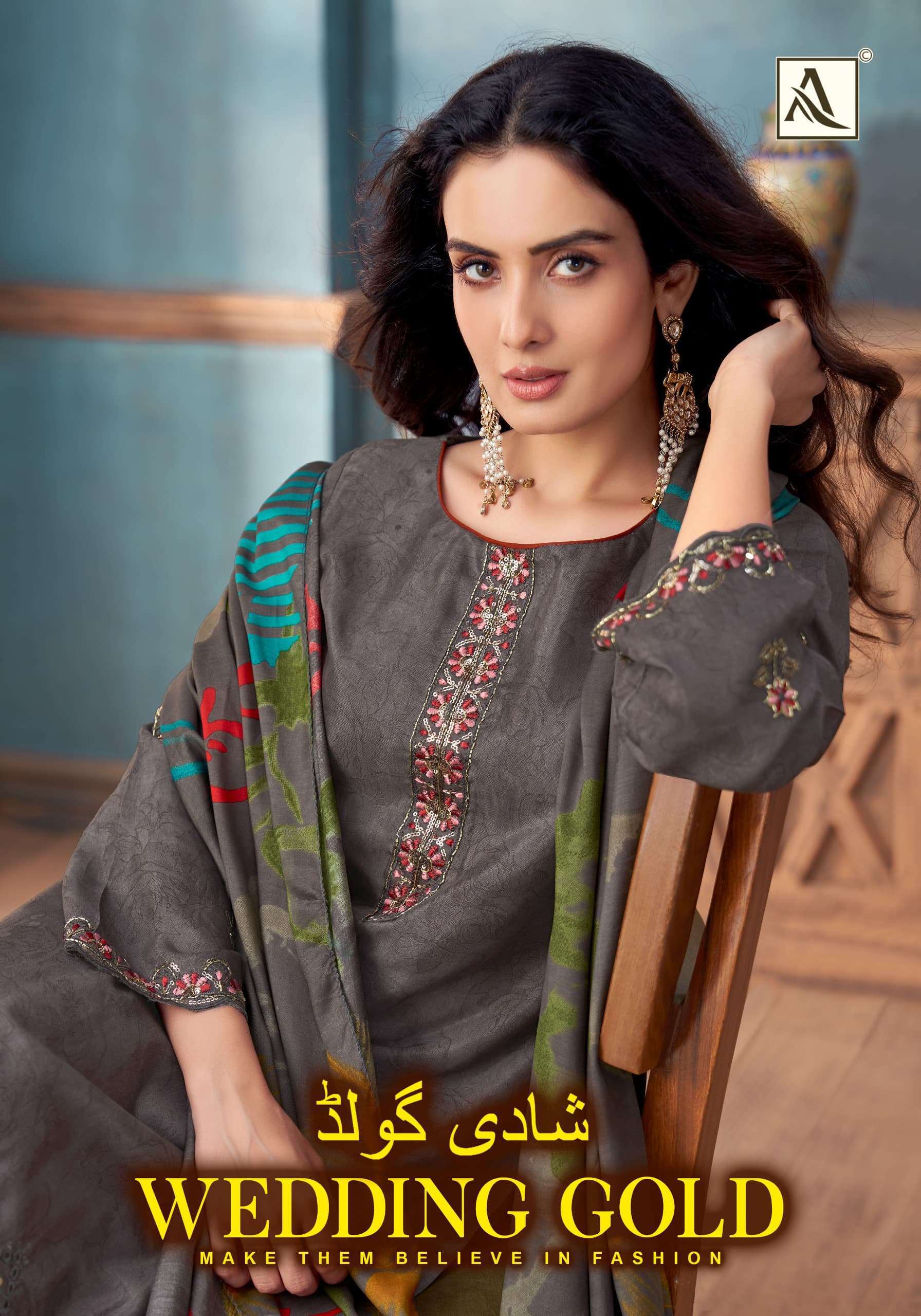 ALOK SUIT WEDDING GOLD VISCOSE MUSLIN SALWER KAMEEZ BEST RATE DEALER 